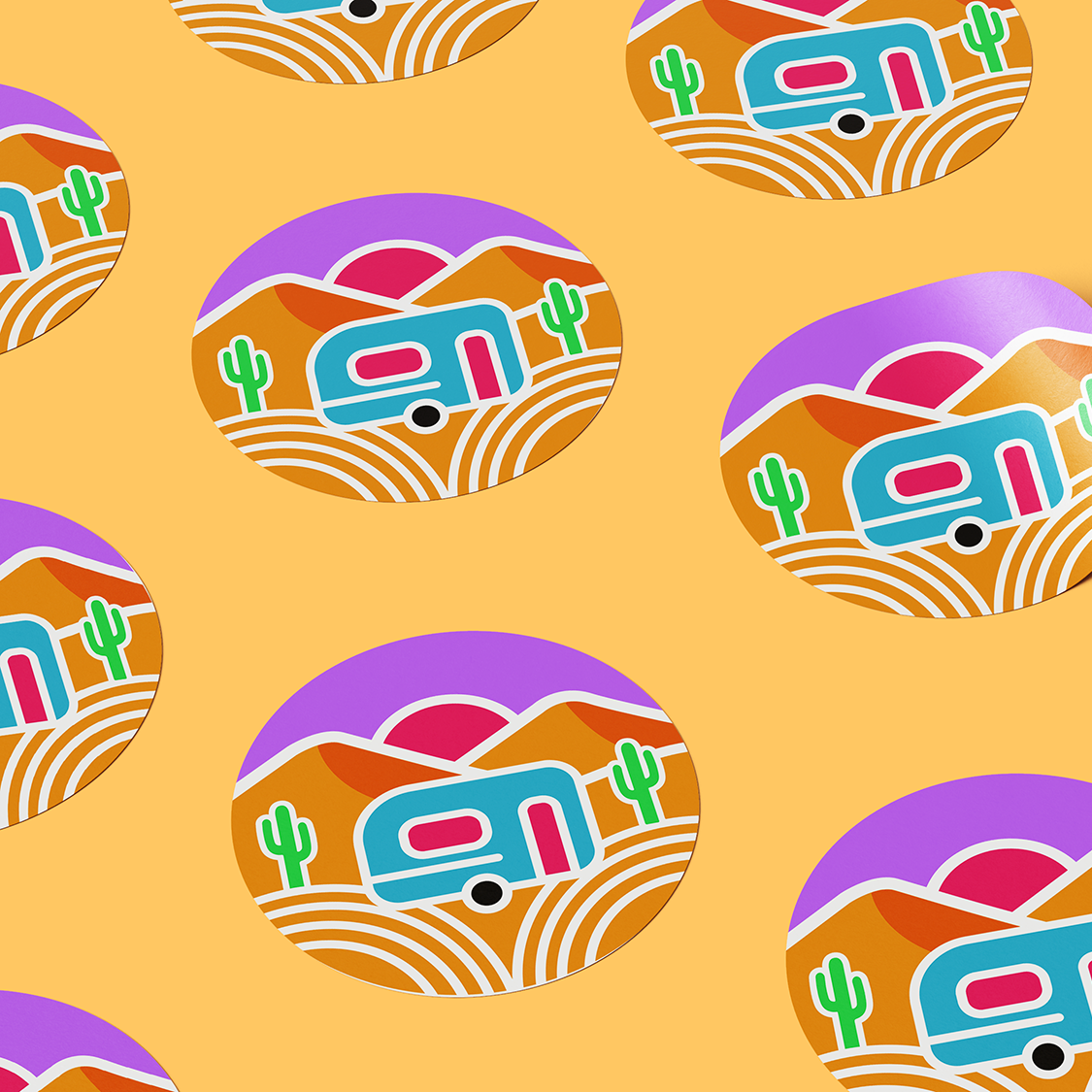 We Tranquilo branded campground sticker with desert landscape, colorful camper, and cactus illustration