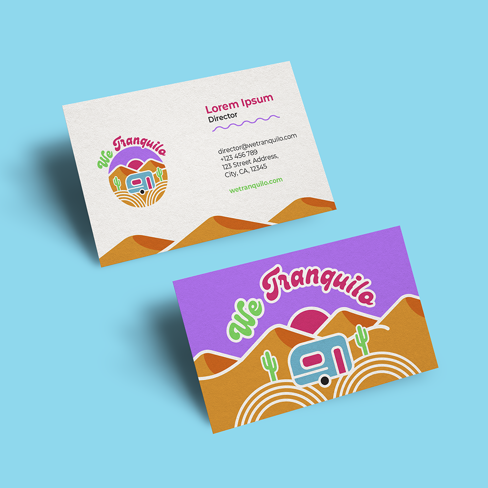 We Tranquilo branded campground sticker with desert landscape, colorful camper, and cactus illustration